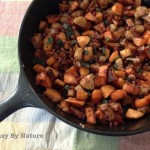 Sweet potato apple and pancetta hash in cast iron skillet